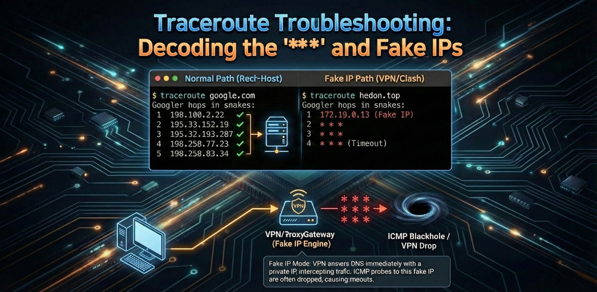 traceroute 故障排查:Clash Fake IP 及其他 4 种常见原因 的文章封面